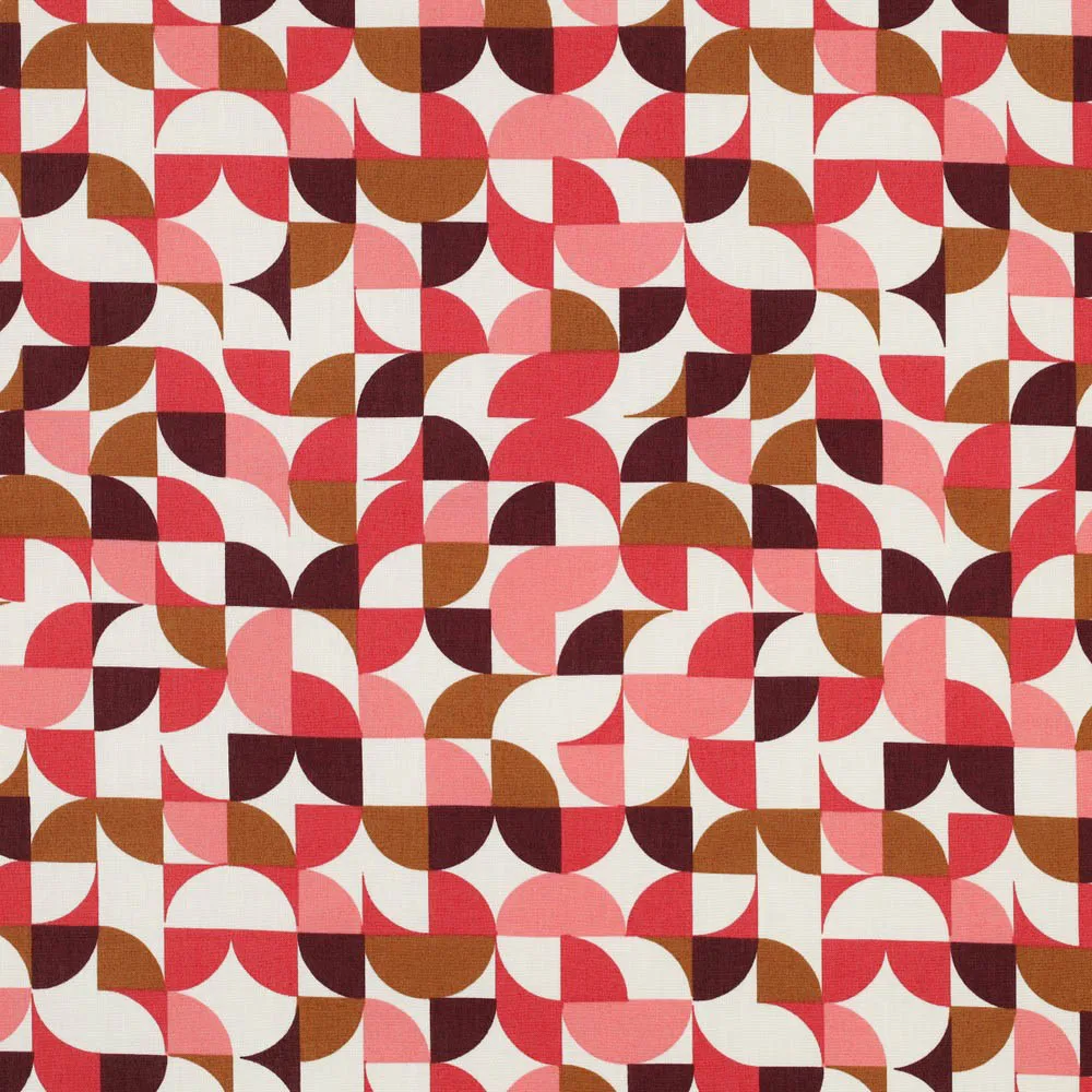 Poplin katoen ecru met rood, roze en bruine geometrische figuren